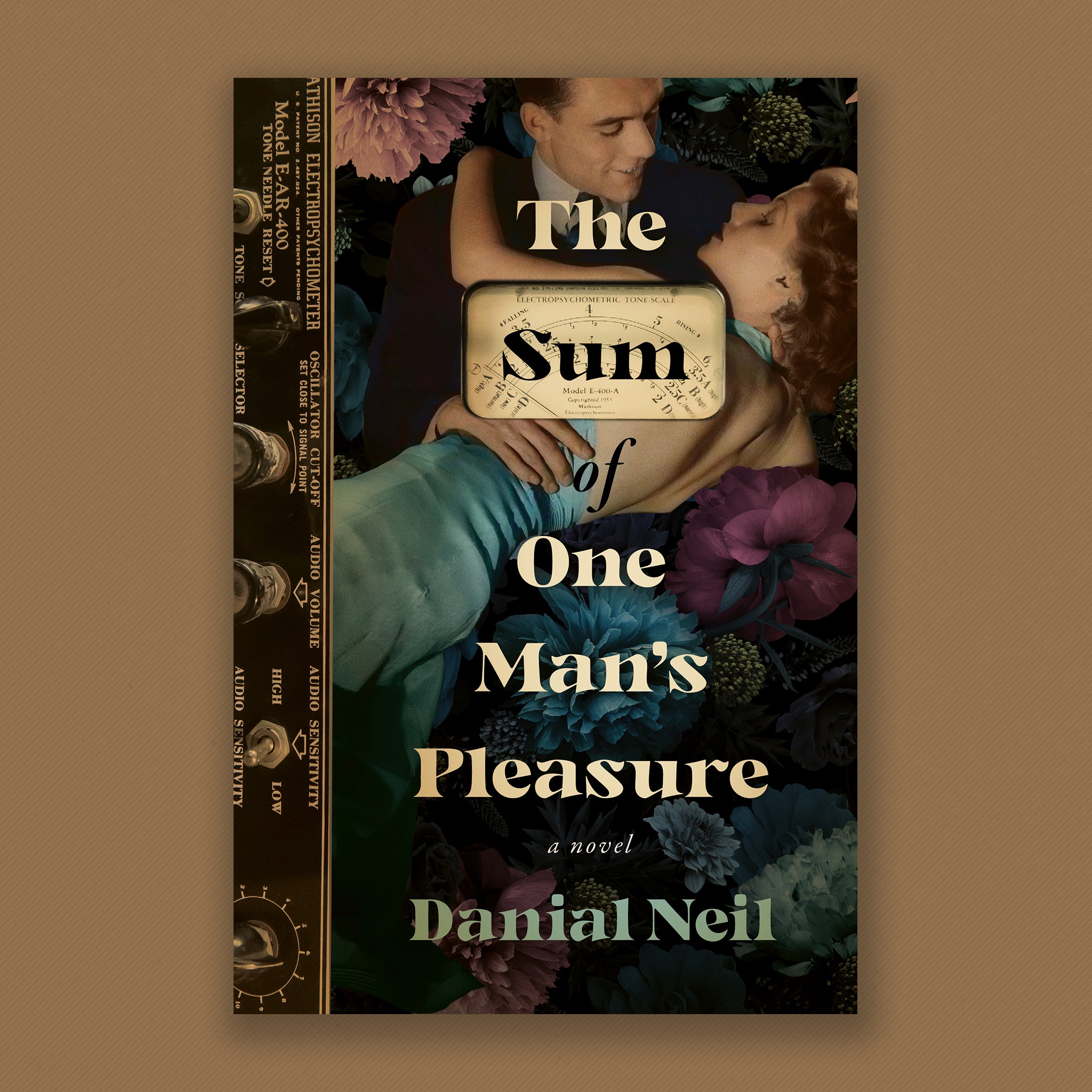 On a bed of cool-toned flowers, in collage style, sits a photograph of a man in a suite dipping a woman in a teal dress, presumably in dance. They are both highly stylized to the late 1960’s early 1950’s. Along the spine of the book, sits the dials of machine, such as a lie detector. The title sits horizontally across the page, with the word “Sum” inside a display screen for the machine along the spine. Full text reads: “The Sum of One Man’s Pleasure. A novel. Danial Neil”