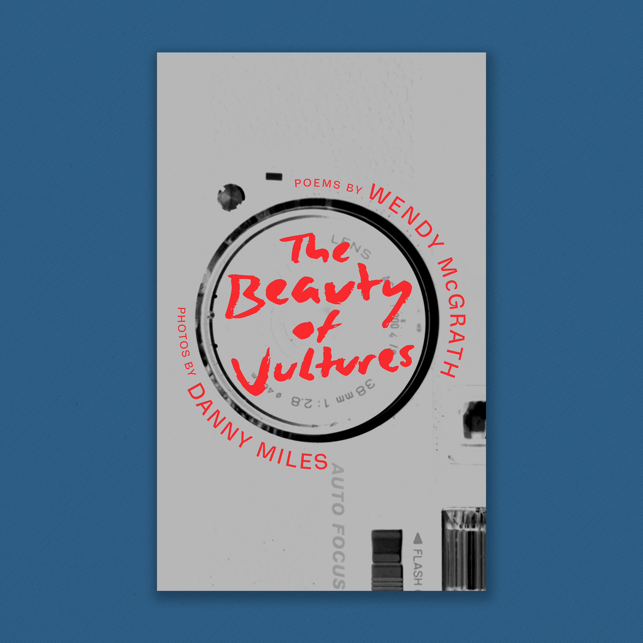 Cover of The Beauty of Vultures with poems by Wendy McGrath and photos by Danny Miles. The background is grey with old-fashion camera details in the right-hand side. The title "Beauty of Vultures" rests within the 'lens" in red. The author names — Wendy McGrath and Danny Miles  —  circle the circumference of the 'lens'.